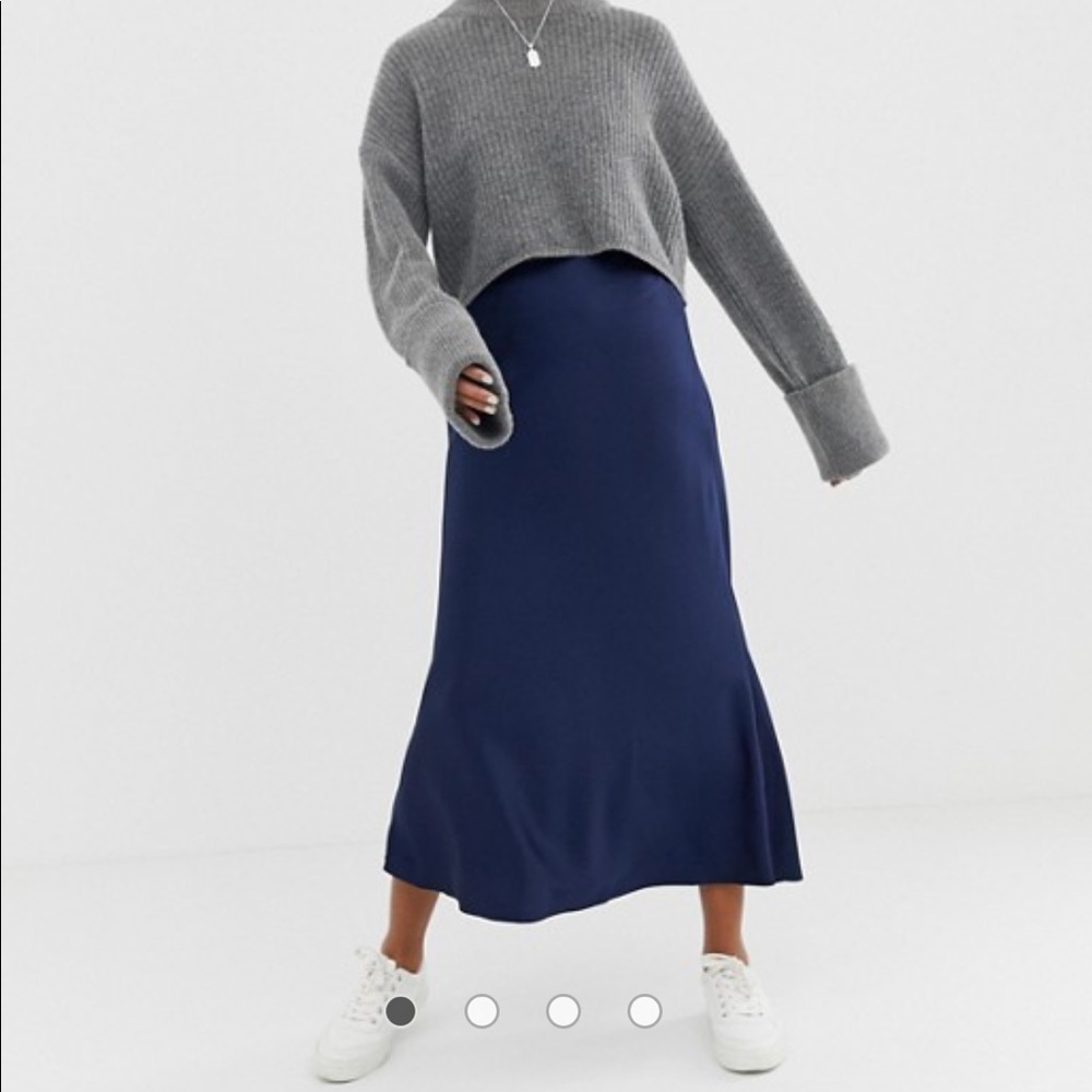 ASOS Bias Cut Satin Midi Skirt in Navy